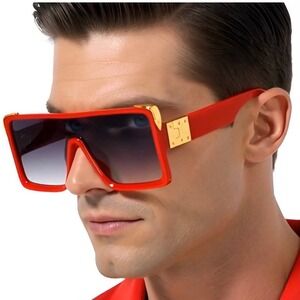 Oversized Square Sunglasses Red Frame Gold Black Lens Stretwear Men Eyewear 2026